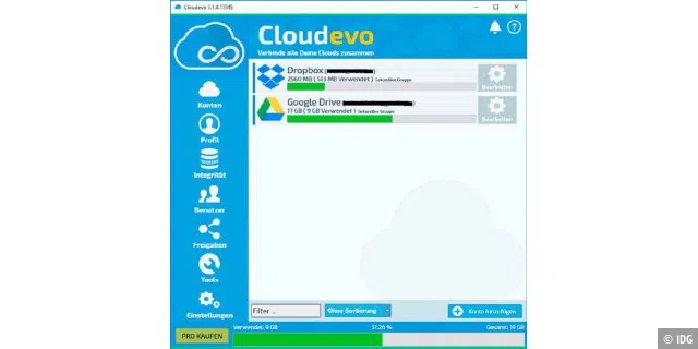 Cloudevo fasst mehrere Cloudspeicher zusammen.