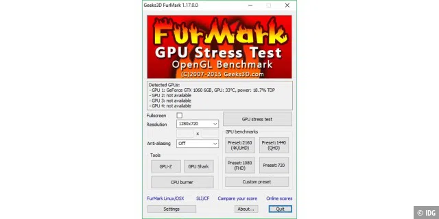 Furmark lastet die GPU fast zu 100 Prozent aus – so sehen Sie sofort, ob Ihr System stabil läuft.