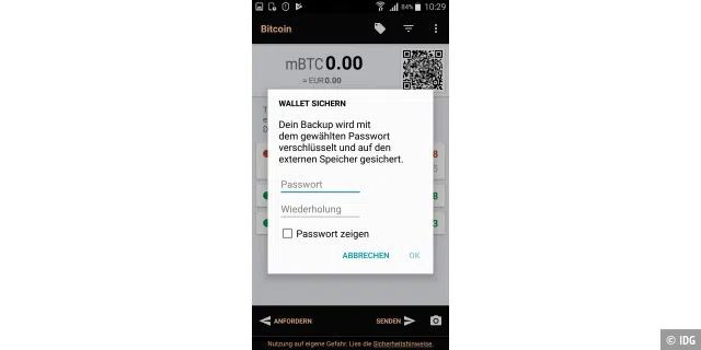 Legen Sie eine Sicherungskopie an, die Sie in der Android-Mobil-Wallet Bitcoin Wallet sichern,