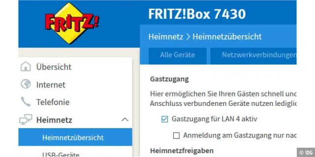In der Fritzbox ist die Internet-weitergabe ohne Zugriff auf das eigene Heimnetz schnell eingerichtet.