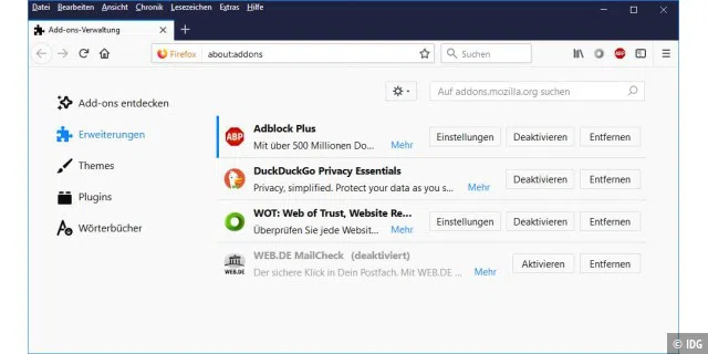 In der Add-on-Verwaltung sehen Sie, welche Erweiterungen Sie für den Firefox bereits hinzugefügt haben und können diese hier deaktivieren oder entfernen