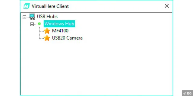 Client (im Bild) und Server von Virtualhere sind sehr einfach aufgebaut: Damit können Sie alle USB-Geräte im Netzwerk für andere PCs freigeben.