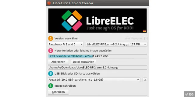 Richten Sie zuerst Libre Elec 8 mit Kodi 17 auf der SD-Karte ein. Danach installieren Sie Version 18 von Kodi als Update.
