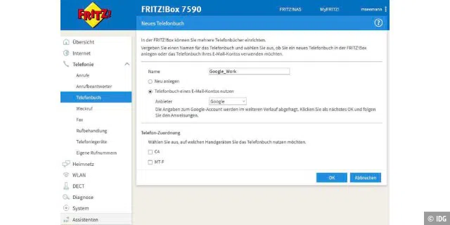 Mit „Telefonbuch eines E-Mail-Kontos nutzen“ kann die Fritzbox auf die Online-Kontakte zugreifen.