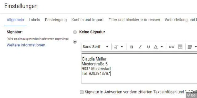 In der Webversion von Gmail lässt sich in den Einstellungen eine Signatur erstellen.