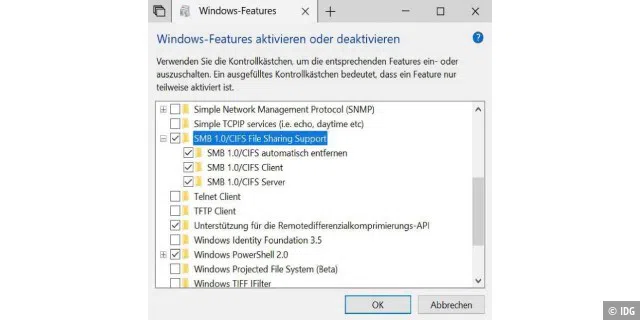 Seit der Windows-10-Version 1709 muss das SMB1-Protokoll erst aktiviert werden.