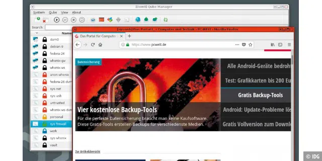 Abgeschotteter Firefox: Geöffnete Programmfenster auf dem Desktop bekommen stets eine Rahmenfarbe, welche die Domäne signalisiert.