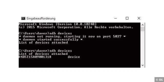 Server- und Client-Komponente der ADB starten unter Windows 10 automatisch.