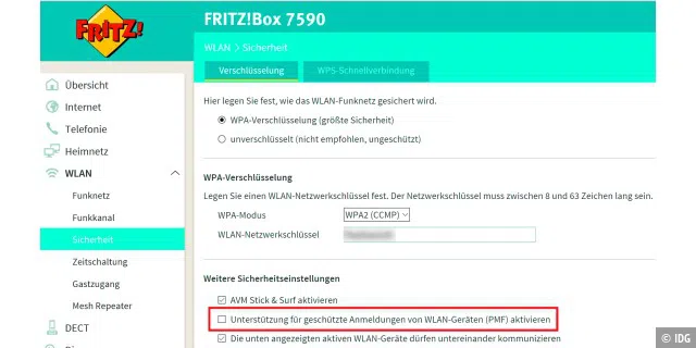 Die Fritzbox 7490 und 7590 bekommen mit dem neuen Fritz-OS das Sicherheitsverfahren Protected Management Frames. Es lässt sich im Menü aktivieren.