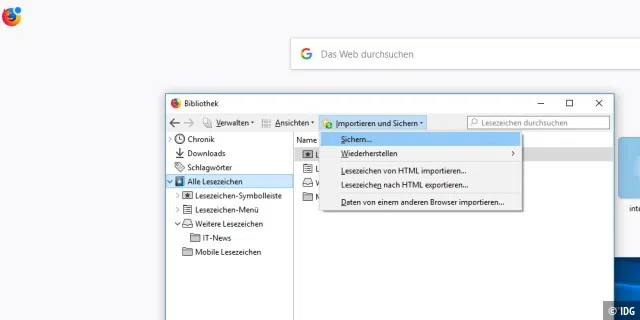 Im Lesezeichen-Manager von Firefox können Sie Lesezeichen ex- und importieren