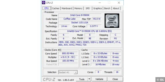 Die technischen Daten des Intel Core i9-9900K im Überblick.
