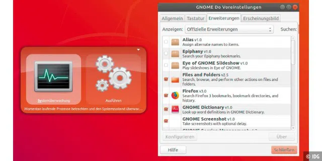 Gnome-Do wird per Tastatur bedient und ermöglicht die schnelle Suche nach Dateien und Programmen.