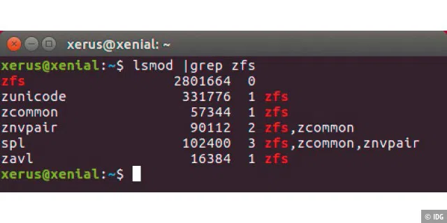 Nach der Installation des ZFS-Pakets lädt Ubuntu ab Version 16.04 beim Systemstart automatisch das benötigte Modul zum Zugriff auf ZFS-Dateisysteme.