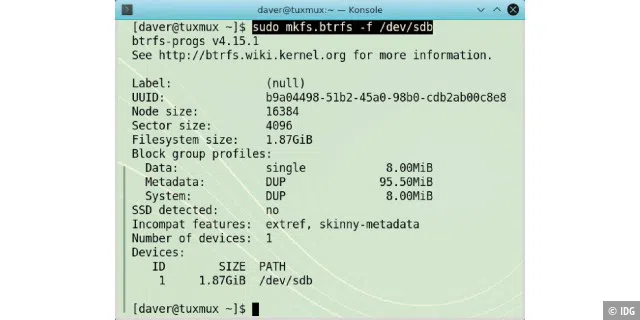 BTRFS-Datenträger erstellen: Distributionen wie Fedora und Open Suse Leap bringen die Werkzeuge für BTRFS bereits mit, in Ubuntu und Co. müssen sie nachinstalliert werden.