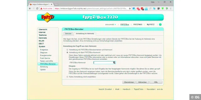 Das Passwort für die Fritzbox-Anmeldung lässt sich ändern, wenn Sie sich per Fernwartung und Myfritz in der Weboberfläche angemeldet haben.