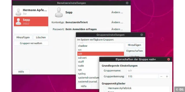 Ubuntu bietet das Applet „Benutzer und Gruppen“ nicht mehr an, es lässt sich aber über die gnome-system-tools nachrüsten.