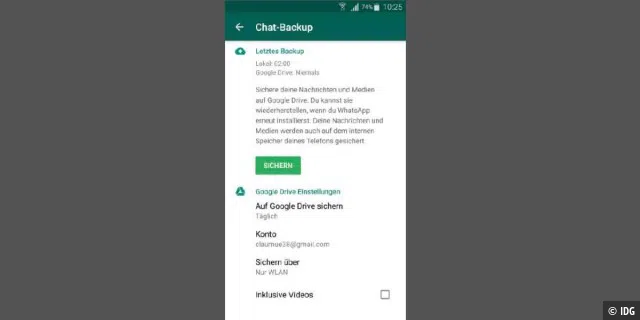 Erstellen Sie mithilfe von Google Drive ein Backup Ihres Whatsapp-Chatverlaufs.