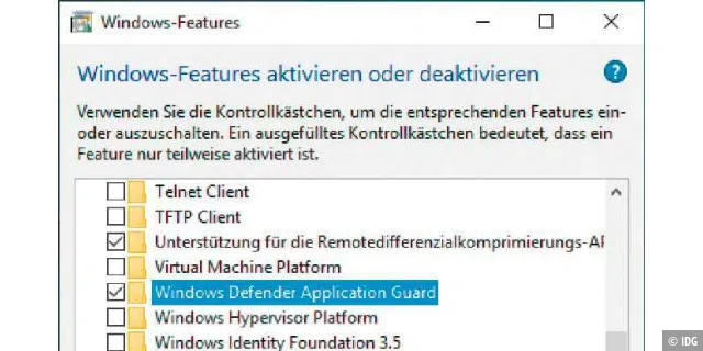 Im Fenster „Windows- Features“ aktivieren Sie „Windows Defender Application Guard“.