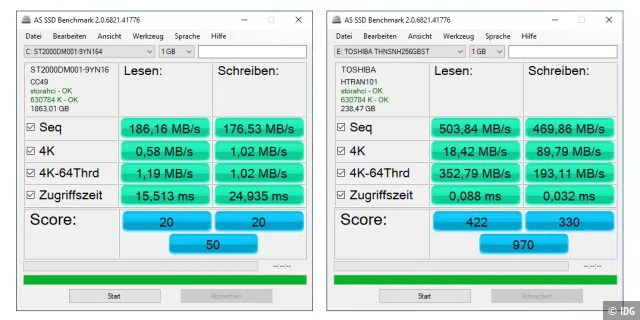 Eine SSD (rechts) liefert eine deutlich höhere Transferrate („Seq“) als eine Festplatte. Entscheidend sind jedoch die deutlich kürzeren Zugriffszeiten.