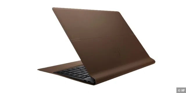 Das HP-Notebook sitzt in einem auffälligen Ledergehäuse