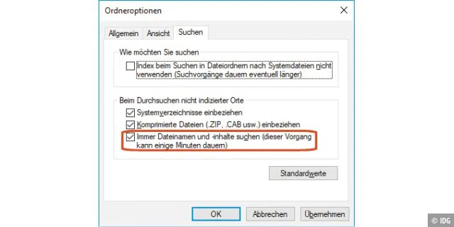 Über die 'Ordneroptionen' des Windows Explorers können Sie einstellen, dass Windows auch bei nicht indizierten Dateien den Inhalt durchsuchen soll.