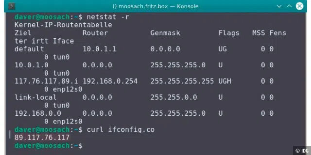 Auf dem Client zeigt die Routingtabelle nach dem Start von Icmptunnel an, dass jetzt jeder Netzwerkverkehr für das Internet über den Icmptunnel-Server geleitet wird.