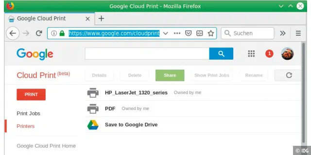 Übersicht zu Cloud Print im Google-Konto: Der Drucker muss dem eigenen Google-Konto zugewiesen werden und taucht dann in dieser Liste auf. Dort ist eine weitere Freigabe möglich.