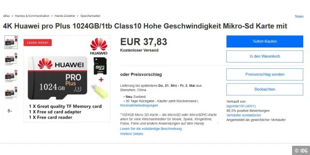 Eine gefälschte 1TB microSD-Karte auf Ebay,