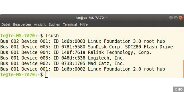 Was hängt am USB-Port? lsusb gibt im Terminal Geräte-IDs und Bezeichnungen aus.