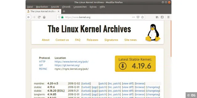 Auf www.kernel.org finden Sie alle offiziellen Quelltextpakete des Linux-Kernels.