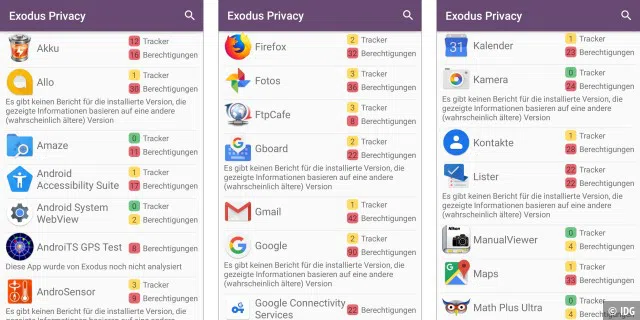 Die Exodus-Privacy-App zeigt in Apps enthaltene Tracker