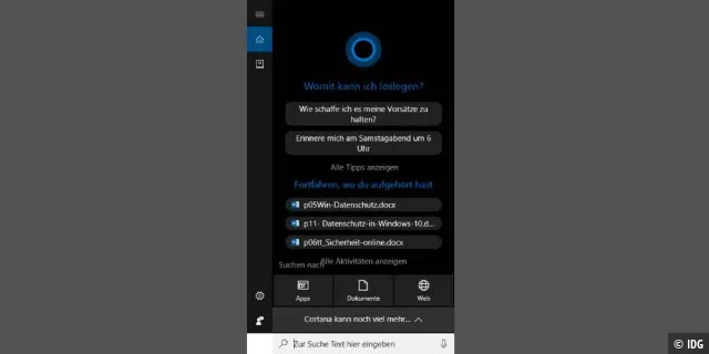 Die digitale Assistentin Cortana ist fest in Windows integriert, etwa hier in der Windows-Suche.