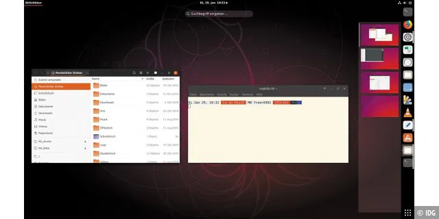 Aktuelles Ubuntu nutzt als Standarddesktop Gnome 3.30 plus angepasstes Starterdock aus den Gnome-Erweiterungen.