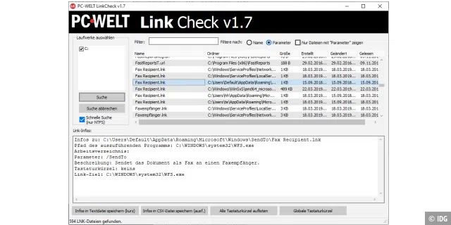 PC-WELT LinkCheck sucht nach LNK-Dateien und zeigt Ihnen den Inhalt an.