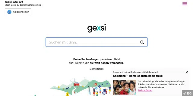 Gexsi zeigt an, welches soziale Projekt aktuell unterstützt wird