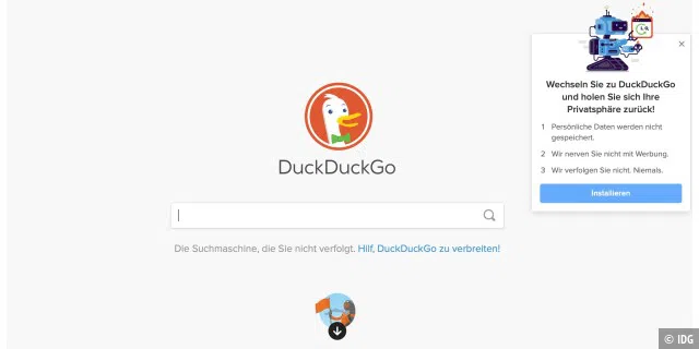Duckduckgo weist via Pop-up auf passende Erweiterungen für Safari, Chrome und Co. hin