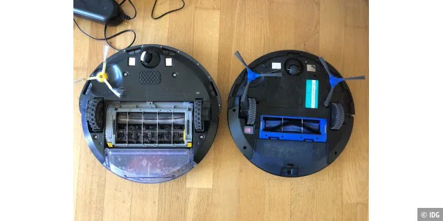 Die Saugbürsten sind beim alten Roomba 620 (links) größer als beim neuen Robovac 11S Max (rechts). Man erkennt zudem den leichten Größenunterschied und die unterschiedliche Anzahl der seitlichen Bürsten.