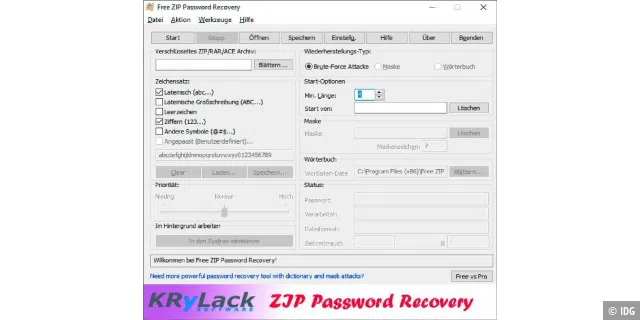Free ZIP Password Recovery bringt alles mit, was es fürs Passwortknacken von ZIP-Files braucht.