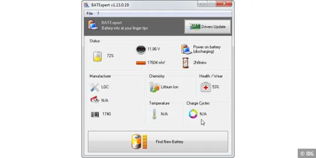 Unter Windows 7 lesen Sie beispielsweise mit dem Tool BATExpert verschiedene Akkuparameter aus.