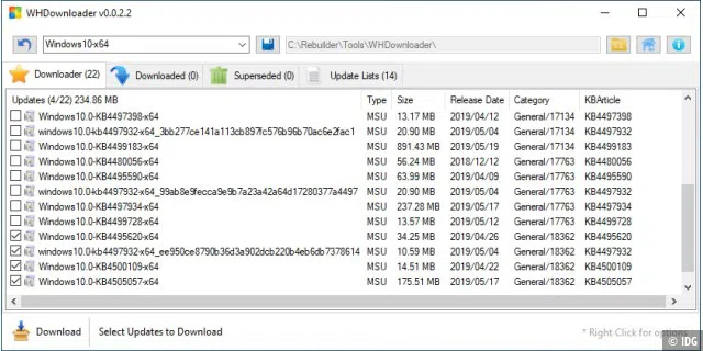 Whdownloader: Das Tool zeigt Ihnen eine Liste mit den möglichen Updates für alle Systemversionen an.