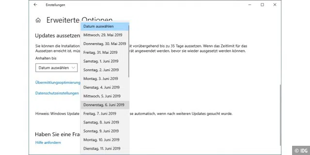 Update-Pause: Updates lassen sich ab Windows 10, Version 1903, für bis zu 35 Tage aussetzen.