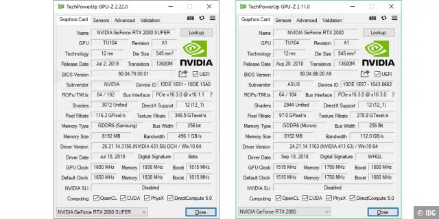 Die technischen Daten der RTX 2080 Super (links) und RTX 2080 (rechts) im direkten Vergleich.