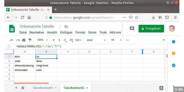 Exzellente Onlinesoftware: Google Tabellen besitzt eine ganze Reihe von speziellen Fähigkeiten, wie beispielsweise die integrierte Tabellenfunktion zur Übersetzung.