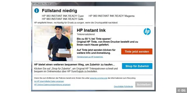 Geht beim HP Officejet Pro 9019 eine Tinte zur Neige, meldet sich der Drucker mit dem Verweis auf das Tintenabo Instant Ink. Der Grund: Die Starterpatronen des Multifunktionsdrucker sind speziell dafür gechippt.