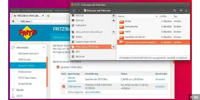 Fritz-Datenserver auf der Konfigurationsoberfläche und im Dateimanager.
