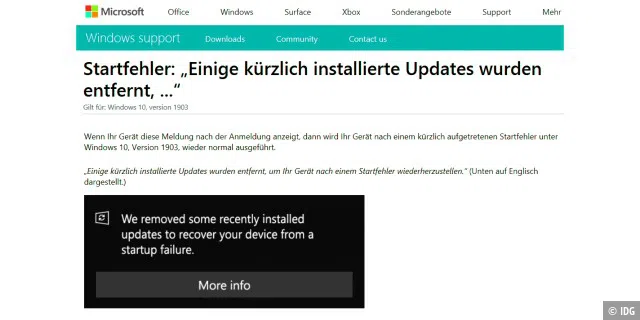 Neue Funktion im Mai-Update von Windows 10: Startet das Betriebssystem nach der Installation neuer Updates nicht korrekt, werden diese automatisch entfernt.