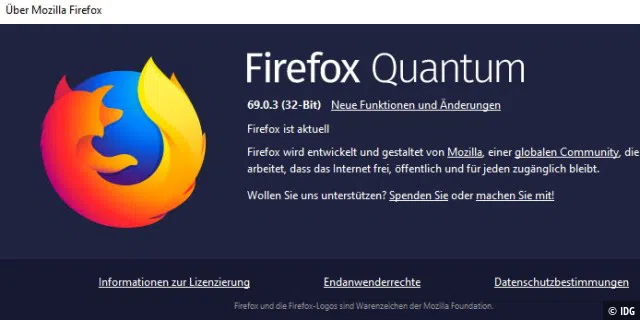 Firefox 69.0.3: Altes Logo und alter Name.
