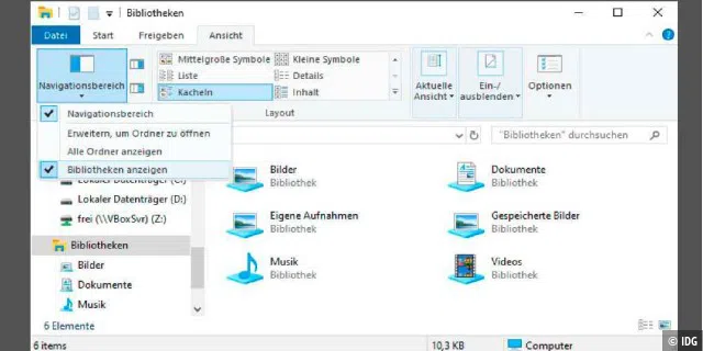 Bibliotheken einblenden: Bei Windows 10 zeigt der Windows-Explorer die Bibliotheken standardmäßig nicht an. Sie lassen sich aber unter „Navigationsbereich“ aktivieren.