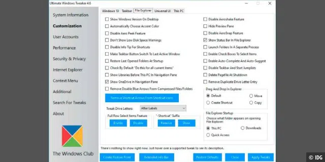 Ultimate Windows Tweaker: Über das Tool lassen sich zahlreiche Windows-Einstellungen konfigurieren und optimieren. Einiges davon ist in den Standardeinstellungen von Windows nicht zu finden.