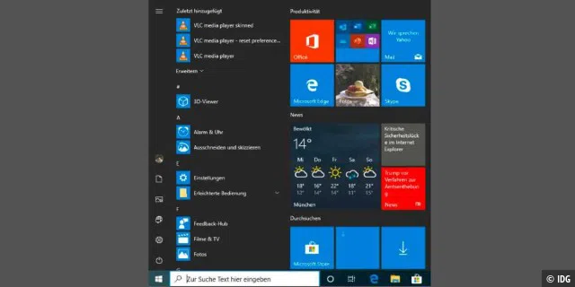 Listen und Kacheln: Das Startmenü zeigt unter Windows 10 die installierten Programme und Kacheln an. Anordnung, Größe und Inhalt der Kacheln lassen sich individuell festlegen.